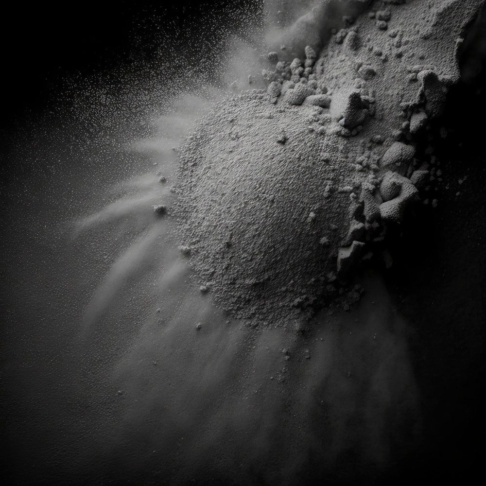 A black and white image capturing the moment powder is dramatically blown into the air, creating a cloud-like effect.